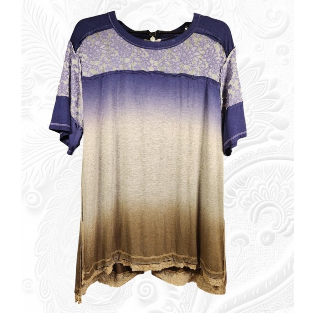 Umgee Women Ombre Lace Trim Tunic Top‎ Shirt Blue Tan Gray Size Small